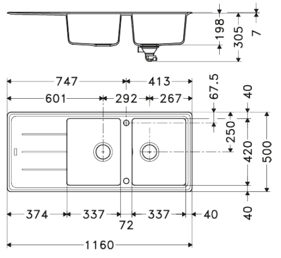 Evier 2 cuves avec égouttoir granit blanc