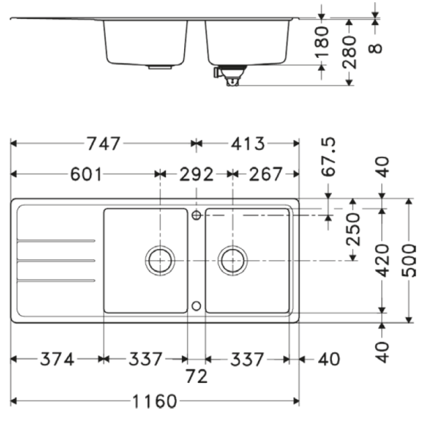 Evier 2 cuves avec égouttoir résine blanc